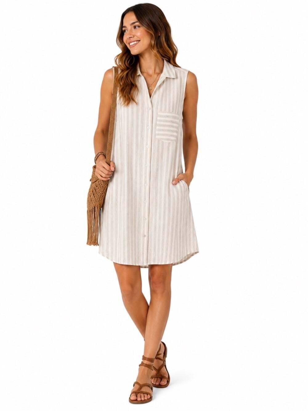 RW&CO Linen Blend Striped Shirt Dress Small Sleeveless Neutral Resort